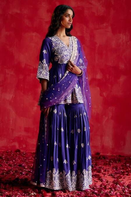 Preevin_Purple Cotton, Tulle, Net Embroidery, Floral Ambi Peplum Kurta Sharara Set _Online_at_Aza_Fashions