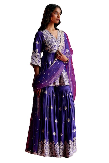 Buy_Preevin_Purple Cotton, Tulle, Net Embroidery, Floral Ambi Peplum Kurta Sharara Set _Online_at_Aza_Fashions