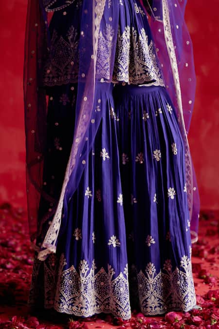 Shop_Preevin_Purple Cotton, Tulle, Net Embroidery, Floral Ambi Peplum Kurta Sharara Set _Online_at_Aza_Fashions