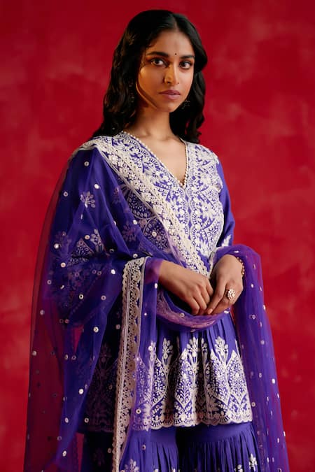 Buy_Preevin_Purple Cotton, Tulle, Net Embroidery, Floral Ambi Peplum Kurta Sharara Set 