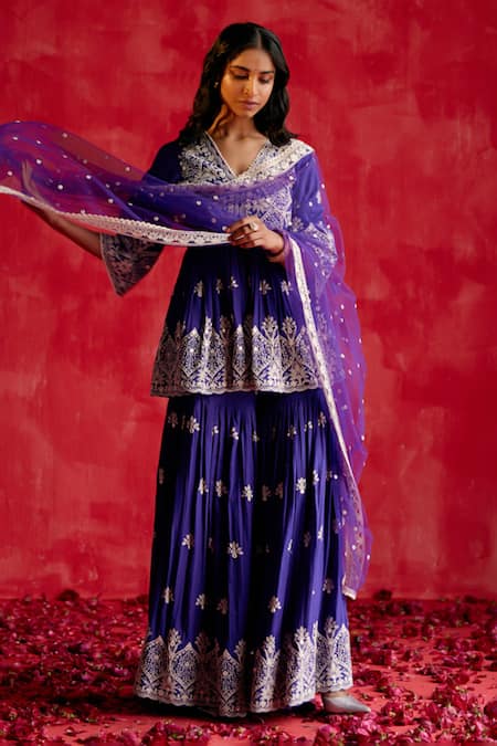 PREEVIN Purple Kurta And Sharara Cotton Mulmul Embroidery Ambi Floral V Neck Peplum Set 