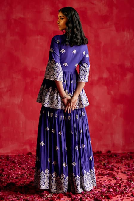 Preevin Floral Ambi Embroidered Peplum Kurta Sharara Set 
