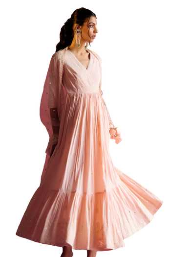 Preevin_Pink Cotton, Tulle, Net Mirrors, Embellished Tiered Angarkha With Dupatta _Online_at_Aza_Fashions