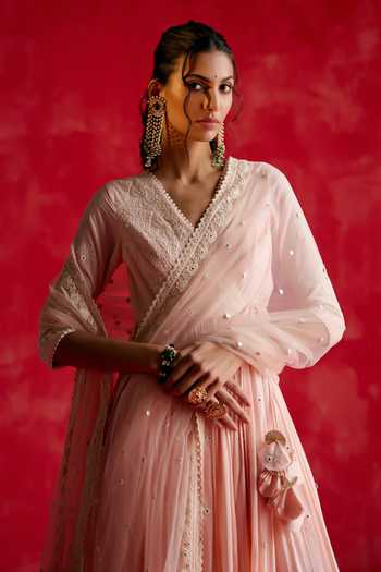 Buy_Preevin_Pink Cotton, Tulle, Net Mirrors, Embellished Tiered Angarkha With Dupatta _Online_at_Aza_Fashions