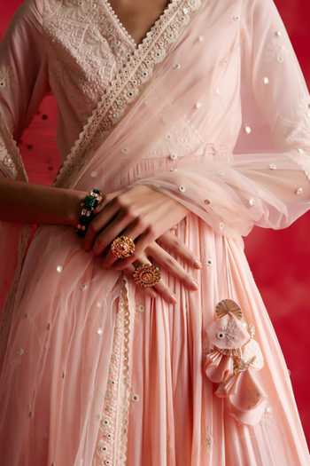 Shop_Preevin_Pink Cotton, Tulle, Net Mirrors, Embellished Tiered Angarkha With Dupatta _Online_at_Aza_Fashions