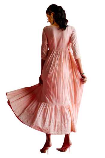Preevin_Pink Cotton, Tulle, Net Mirrors, Embellished Tiered Angarkha With Dupatta _at_Aza_Fashions
