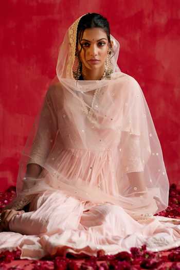 Buy_Preevin_Pink Cotton, Tulle, Net Mirrors, Embellished Tiered Angarkha With Dupatta 