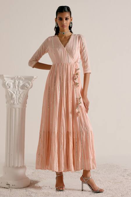 Preevin_Pink Cotton, Tulle, Net Mirrors, Tassels, Embellished Angarkha With Dupatta _Online_at_Aza_Fashions