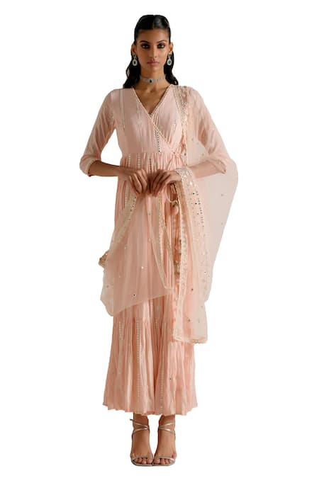 Buy_Preevin_Pink Cotton, Tulle, Net Mirrors, Tassels, Embellished Angarkha With Dupatta _Online_at_Aza_Fashions