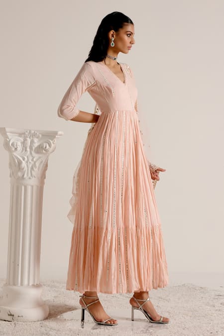 Shop_Preevin_Pink Cotton, Tulle, Net Mirrors, Tassels, Embellished Angarkha With Dupatta _Online_at_Aza_Fashions