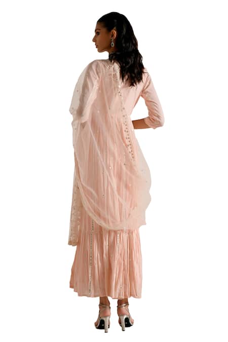 Buy_Preevin_Pink Cotton, Tulle, Net Mirrors, Tassels, Embellished Angarkha With Dupatta 