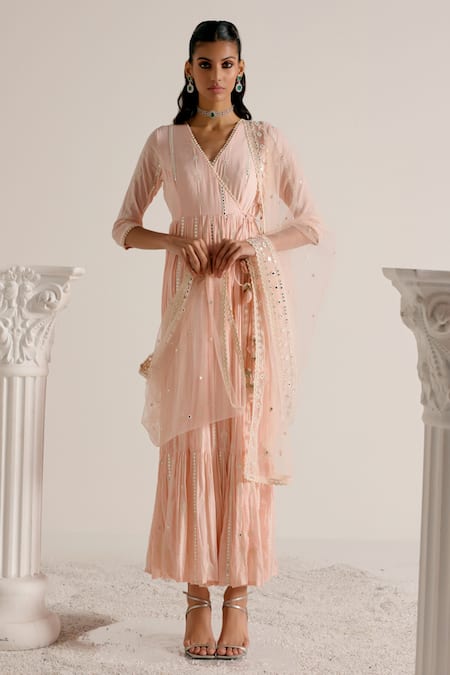 PREEVIN Mirror Embellished Angarkha With Dupatta 