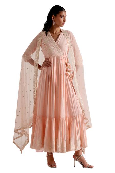 Preevin_Pink Cotton, Tulle, Net Thread Embellished Tiered Angarkha With Dupatta _Online_at_Aza_Fashions