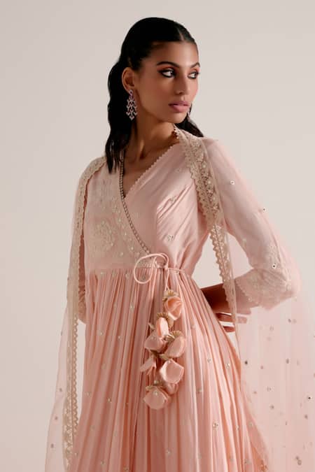 Buy_Preevin_Pink Cotton, Tulle, Net Thread Embellished Tiered Angarkha With Dupatta _Online_at_Aza_Fashions