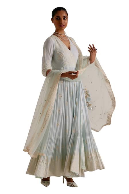 Preevin_Blue Cotton, Net, Tulle Floral Pattern Thread Embellished Angarkha With Dupatta _Online_at_Aza_Fashions