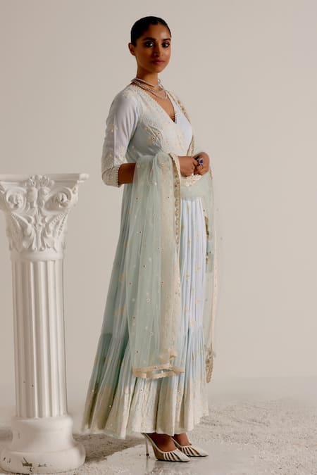 Buy_Preevin_Blue Cotton, Net, Tulle Floral Pattern Thread Embellished Angarkha With Dupatta _Online_at_Aza_Fashions