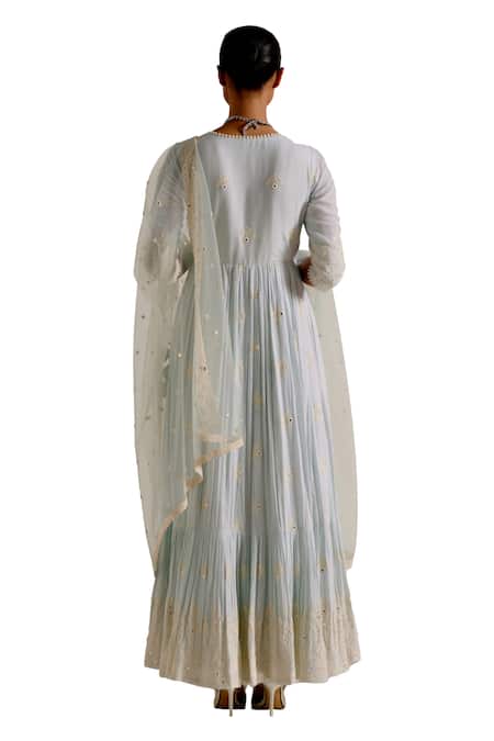 Shop_Preevin_Blue Cotton, Net, Tulle Floral Pattern Thread Embellished Angarkha With Dupatta _Online_at_Aza_Fashions