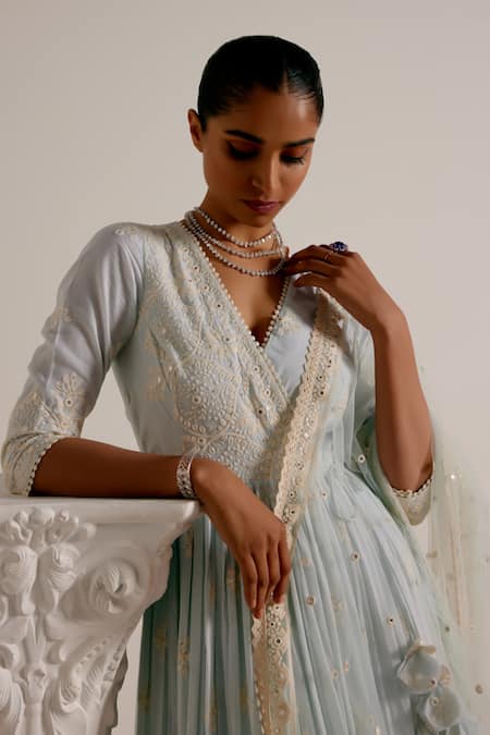 Preevin_Blue Cotton, Net, Tulle Floral Pattern Thread Embellished Angarkha With Dupatta _at_Aza_Fashions