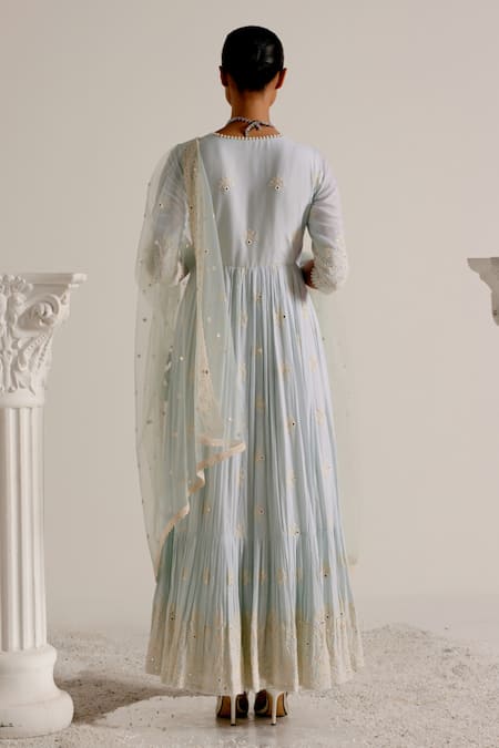 Preevin Floral Pattern Thread Embellished Angarkha With Dupatta 