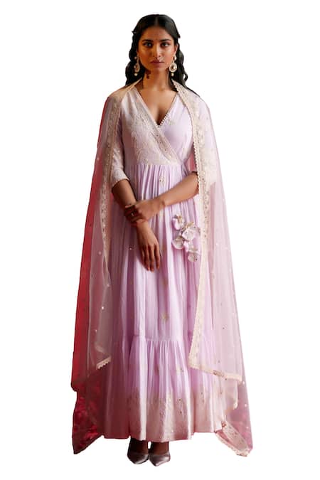 Preevin_Purple Cotton, Net, Tulle Floral Thread Embellished Angarkha With Dupatta _Online_at_Aza_Fashions
