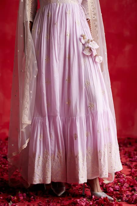 Buy_Preevin_Purple Cotton, Net, Tulle Floral Thread Embellished Angarkha With Dupatta _Online_at_Aza_Fashions