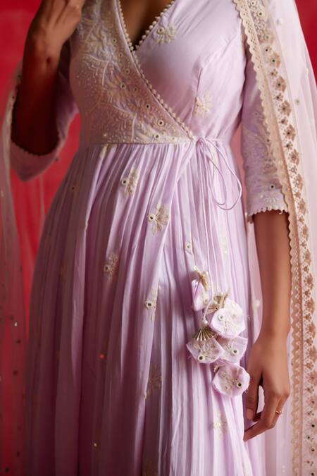 Shop_Preevin_Purple Cotton, Net, Tulle Floral Thread Embellished Angarkha With Dupatta _Online_at_Aza_Fashions