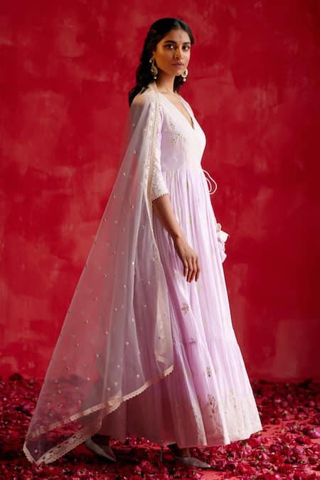 Preevin_Purple Cotton, Net, Tulle Floral Thread Embellished Angarkha With Dupatta _at_Aza_Fashions