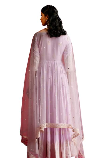 Buy_Preevin_Purple Cotton, Net, Tulle Floral Thread Embellished Angarkha With Dupatta 