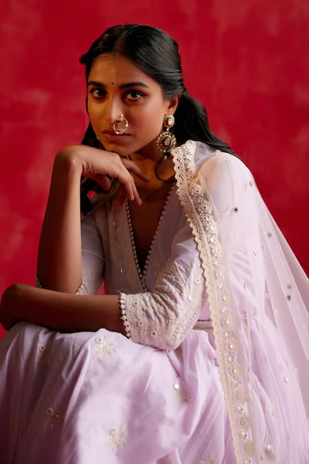 Shop_Preevin_Purple Cotton, Net, Tulle Floral Thread Embellished Angarkha With Dupatta 