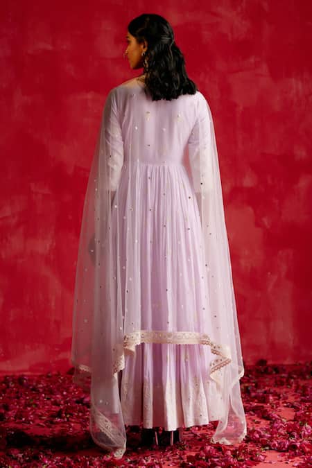 Preevin Floral Thread Embellished Angarkha With Dupatta 