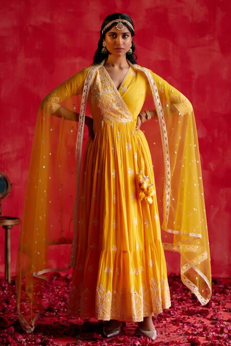 Preevin_Yellow Cotton, Net, Tulle Embroidery, Floral Embellished Angarkha With Dupatta _Online_at_Aza_Fashions
