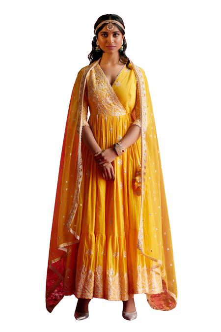 Buy_Preevin_Yellow Cotton, Net, Tulle Embroidery, Floral Embellished Angarkha With Dupatta _Online_at_Aza_Fashions