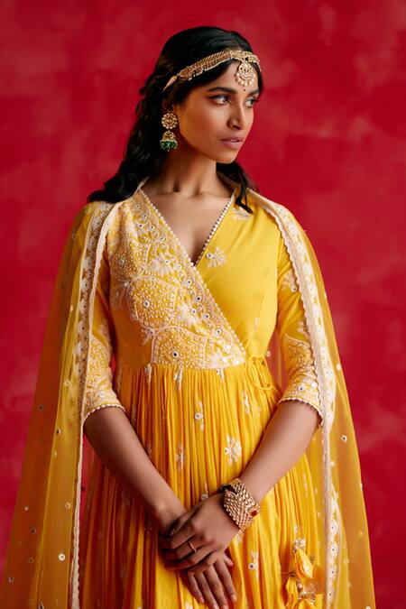 Preevin_Yellow Cotton, Net, Tulle Embroidery, Floral Embellished Angarkha With Dupatta _at_Aza_Fashions