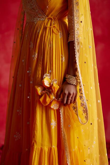 Buy_Preevin_Yellow Cotton, Net, Tulle Embroidery, Floral Embellished Angarkha With Dupatta 