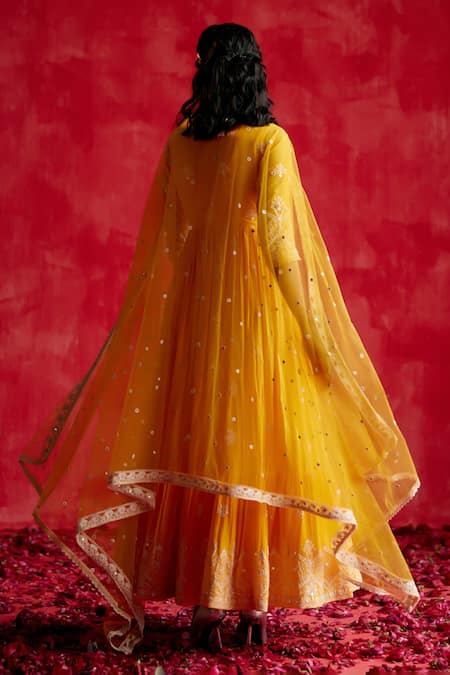 Preevin Floral Embellished Angarkha With Dupatta 