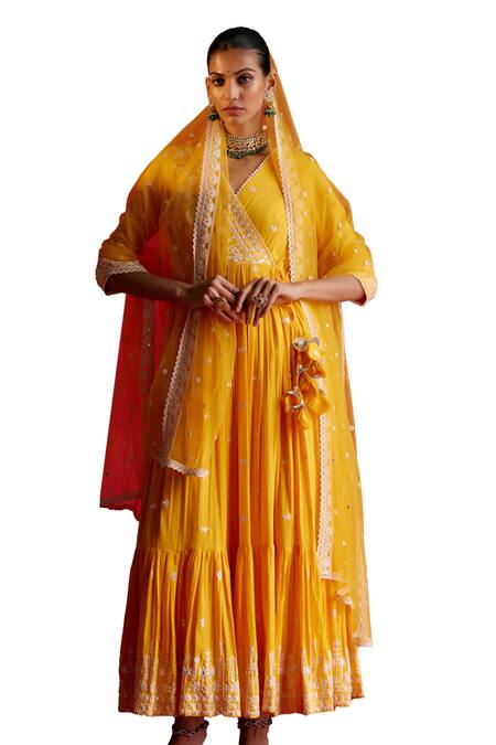 Buy Preevin Yellow Cotton, Tulle, Net Floral Embellished Tiered Angarkha With Dupatta Online at Aza Fashions Buy_Preevin_Yellow Cotton, Tulle, Net Floral Embellished Tiered Angarkha With Dupatta _Online_at_Aza_Fashions