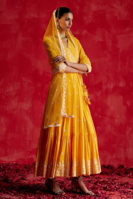 Shop Preevin Yellow Cotton, Tulle, Net Floral Embellished Tiered Angarkha With Dupatta Online at Aza Fashions Shop_Preevin_Yellow Cotton, Tulle, Net Floral Embellished Tiered Angarkha With Dupatta _Online_at_Aza_Fashions
