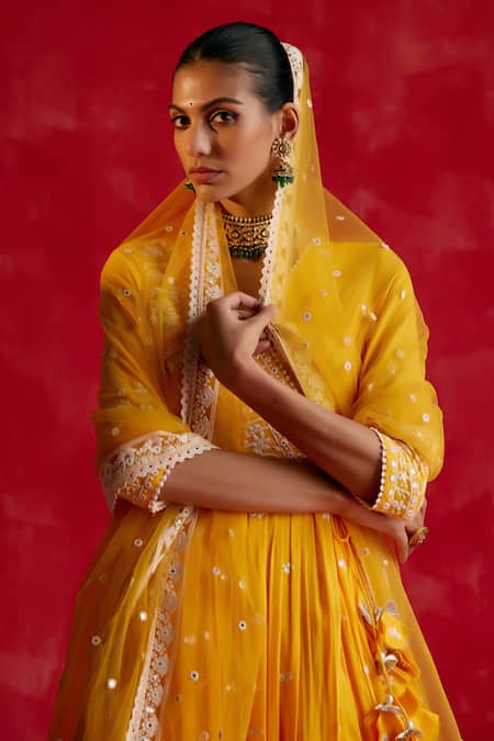 Preevin Yellow Cotton, Tulle, Net Floral Embellished Tiered Angarkha With Dupatta at Aza Fashions Preevin_Yellow Cotton, Tulle, Net Floral Embellished Tiered Angarkha With Dupatta _at_Aza_Fashions