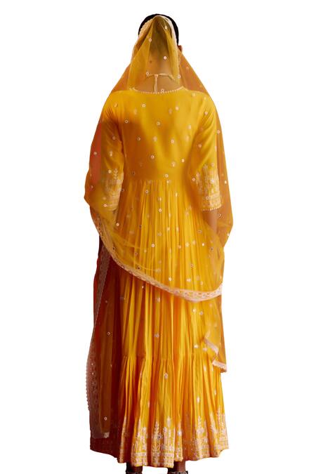 Shop Preevin Yellow Cotton, Tulle, Net Floral Embellished Tiered Angarkha With Dupatta Shop_Preevin_Yellow Cotton, Tulle, Net Floral Embellished Tiered Angarkha With Dupatta