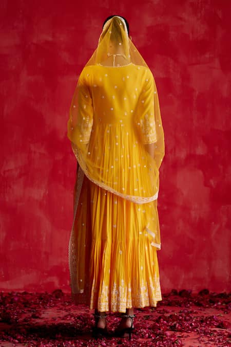 Shop Preevin Yellow Cotton, Tulle, Net Floral Embellished Tiered Angarkha With Dupatta at Aza Fashions Shop_Preevin_Yellow Cotton, Tulle, Net Floral Embellished Tiered Angarkha With Dupatta _at_Aza_Fashions
