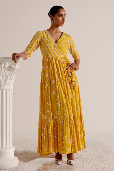 Preevin Yellow Cotton, Net, Tulle Geometric Pattern Embellished Angarkha With Dupatta Online at Aza Fashions Preevin_Yellow Cotton, Net, Tulle Geometric Pattern Embellished Angarkha With Dupatta _Online_at_Aza_Fashions