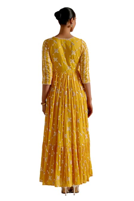 Shop Preevin Yellow Cotton, Net, Tulle Geometric Pattern Embellished Angarkha With Dupatta Online at Aza Fashions Shop_Preevin_Yellow Cotton, Net, Tulle Geometric Pattern Embellished Angarkha With Dupatta _Online_at_Aza_Fashions