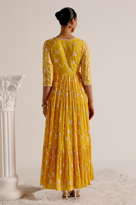 Preevin Geometric Pattern Mirror Embellished Angarkha With Dupatta 