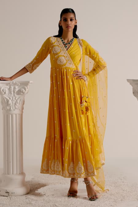 PREEVIN Tassel Detailed Tiered Angarkha With Dupatta 