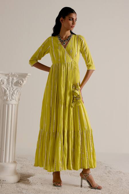 Preevin Green Cotton, Tulle, Net Mirrors, Tassels, Detailed Angarkha With Dupatta Online at Aza Fashions Preevin_Green Cotton, Tulle, Net Mirrors, Tassels, Detailed Angarkha With Dupatta _Online_at_Aza_Fashions