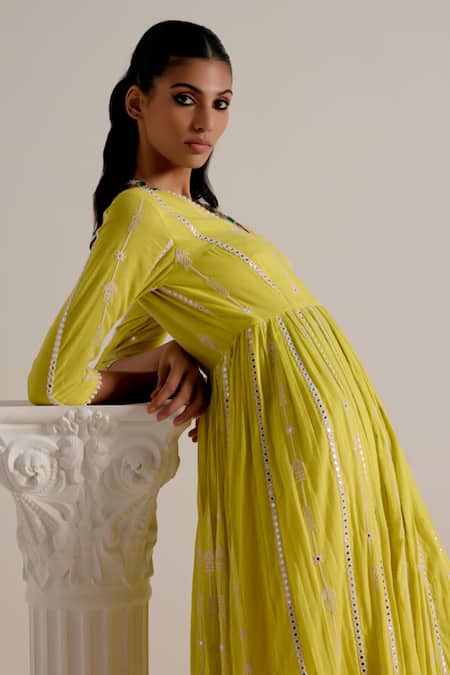 Shop Preevin Green Cotton, Tulle, Net Mirrors, Tassels, Detailed Angarkha With Dupatta Online at Aza Fashions Shop_Preevin_Green Cotton, Tulle, Net Mirrors, Tassels, Detailed Angarkha With Dupatta _Online_at_Aza_Fashions