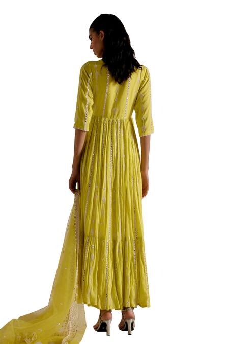 Preevin Green Cotton, Tulle, Net Mirrors, Tassels, Detailed Angarkha With Dupatta at Aza Fashions Preevin_Green Cotton, Tulle, Net Mirrors, Tassels, Detailed Angarkha With Dupatta _at_Aza_Fashions