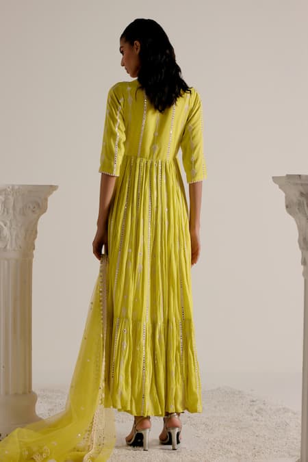 Shop Preevin Green Cotton, Tulle, Net Mirrors, Tassels, Detailed Angarkha With Dupatta at Aza Fashions Shop_Preevin_Green Cotton, Tulle, Net Mirrors, Tassels, Detailed Angarkha With Dupatta _at_Aza_Fashions