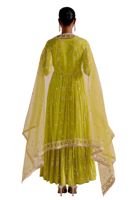 Preevin Green Cotton, Tulle, Net Mirrors, Tiered Angarkha With Embellished Dupatta Online at Aza Fashions Preevin_Green Cotton, Tulle, Net Mirrors, Tiered Angarkha With Embellished Dupatta _Online_at_Aza_Fashions