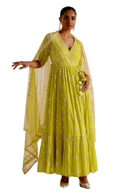 Buy Preevin Green Cotton, Tulle, Net Mirrors, Tiered Angarkha With Embellished Dupatta Online at Aza Fashions Buy_Preevin_Green Cotton, Tulle, Net Mirrors, Tiered Angarkha With Embellished Dupatta _Online_at_Aza_Fashions